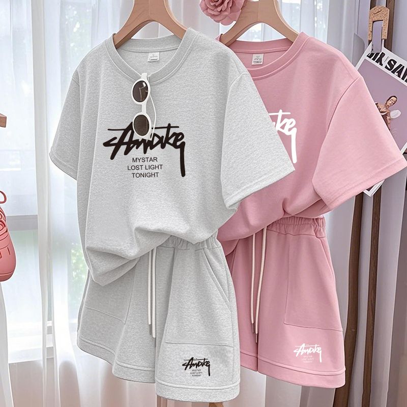 모방 면 케이블 루오 Na 캐주얼 스포츠 슈트 여성 루즈핏 빅 사이즈 반팔 지방 mm 프린트 투피스 세트 트렌디