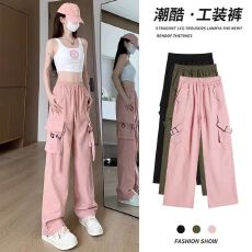 批发粉色<b class='q'>工装裤</b><b class='q'>女</b>bf风夏季薄款高腰显瘦阔腿直筒休闲美式运动长裤子潮