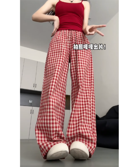 빨간색 체크무늬 바지 아이들 여름 새로운 하이웨이스트 슬림해 보이는 루즈핏 캐주얼 와이드 레그 팬츠
