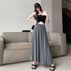 批发莫代尔灰色半身裙女<b class='q'>夏</b>季新款遮跨显瘦a字裙中长款垂感百褶裙