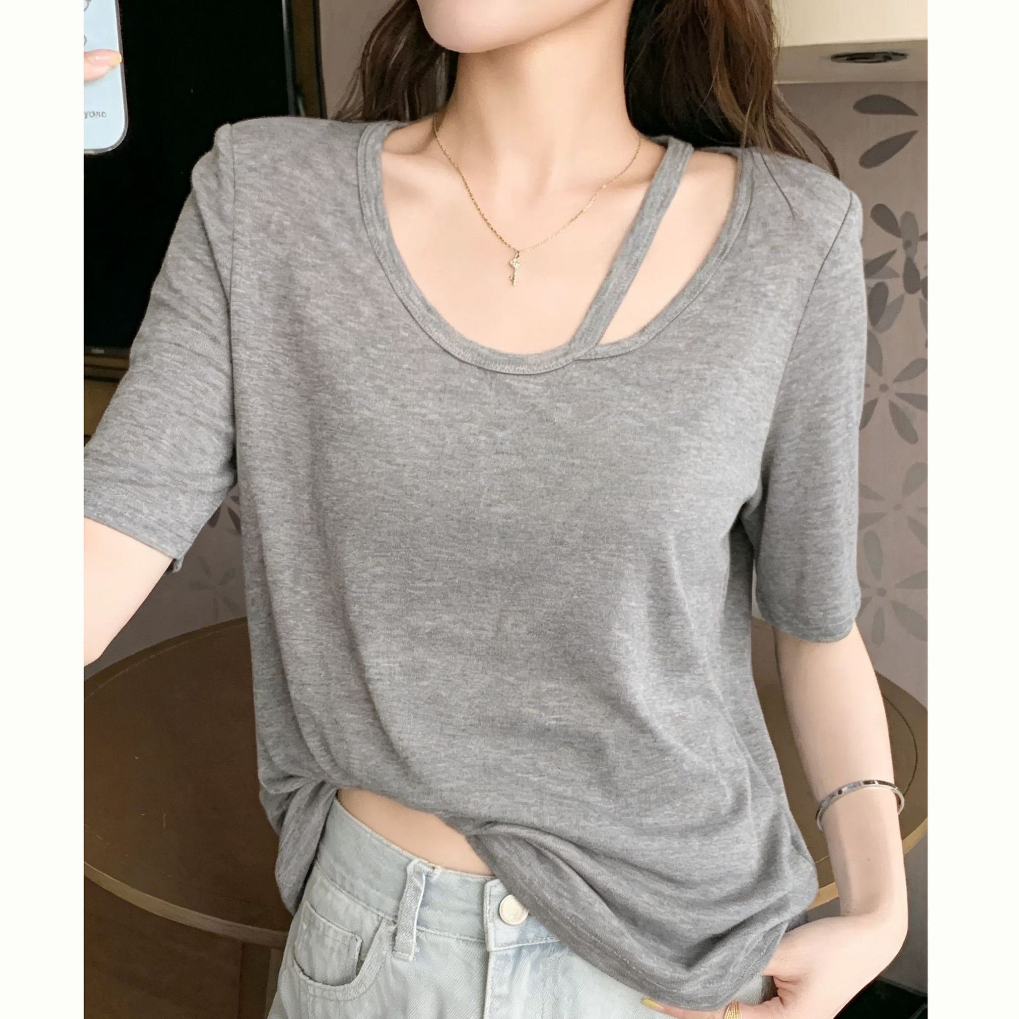 원본 품질 눈꽃 면 홀로우 아웃 회색 긍정적 인 어깨 반팔 티셔츠 여성 여름 새로운 빅 사이즈 맨위 여성
