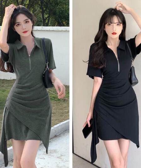 핫걸 바람 POLO 칼라 여성 드레스 새로운 디자인 센스 불규칙 몸매 가꾸기 슬림해 보이는 치마