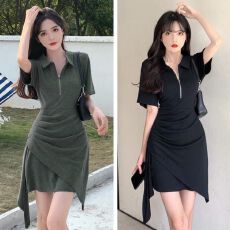 批发辣妹风POLO领<b class='q'>连衣裙</b>女新款设计感不规则修身显瘦裙子