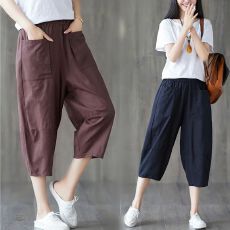 批发夏季新款纯色松紧腰宽松直筒<b class='q'>哈伦</b>裤女装显瘦休闲裤<b class='q'>七分裤</b>复古棉麻