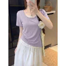 批发紫色纯欲假两件蕾丝拼接短袖<b class='q'>t</b><b class='q'>恤</b>女夏季修身巨好看不规则正肩上衣