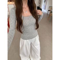 批发韩系U领长袖T恤女夏秋季修身收腰显瘦百搭辣妹条纹浅灰色薄款上衣