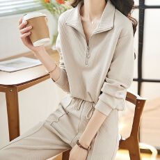 批发休闲肌理运动服两件套2026秋冬新款简约翻领卫衣松紧腰<b class='q'>长裤</b>女<b class='q'>套装</b>