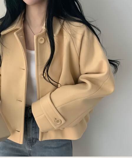 작은 키 모직 여성 코트 chic 프랑스식 부드러운 디스플레이 화이트 폴로 칼라 싱글 줄 버튼 루즈핏 디자인 센스 Chic 맨위