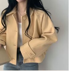 批发小个子毛呢外套女chic法式温柔显白翻领单排扣宽松设计感别致上衣