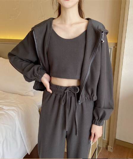 가을 의상 새로운 루즈핏 얇은 스타일 모자 포함 후드티 캐주얼 3종 세트 재킷 캐주얼 패션 운동복 세트 여성