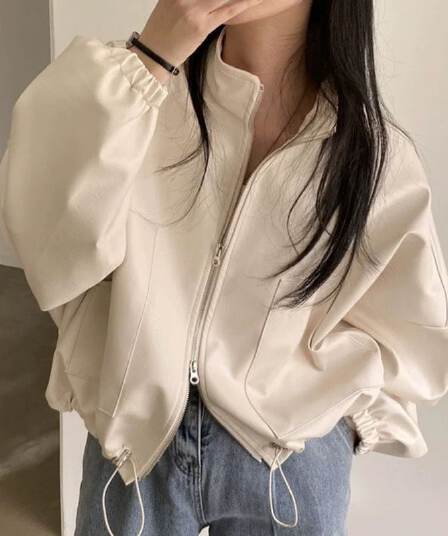 한국 chic 가을 작은 대중 잘 생긴 스탠드 칼라 지퍼 빅 포켓 디자인 펌프 로프 레이스업 오토바이 가죽 재킷 여성 코트