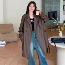 批发咖色高级感中长款西装pu皮衣外套女2026<b class='q'>春</b>季新款宽松休闲气质风衣