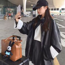 批发黑色复古立领中长款皮衣外套女2026秋<b class='q'>冬</b>新款高级感休闲宽松PU风衣