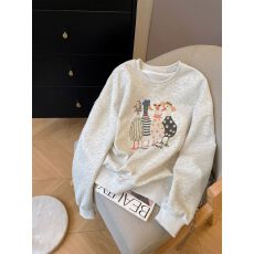 韩版薄款 加绒印花套头卫衣女慵懒风长袖上衣外套