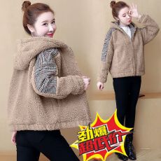 批发秋冬装新款加绒保暖大码<b class='q'>外套</b>女仿羊羔毛绒宽松百搭胖mm连帽开衫潮