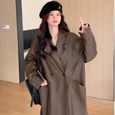 批发咖色高级感中长款西装pu皮衣外套女2026<b class='q'>春</b>季新款宽松休闲气质风衣