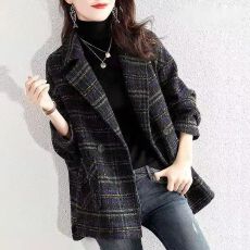 批发新款格子西装毛呢<b class='q'>外套</b>2026秋冬<b class='q'>女</b>韩版宽松复古格纹毛呢<b class='q'>大</b>衣中长款