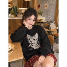 韩版薄款 加绒印花套头卫衣女慵懒风长袖上衣外套