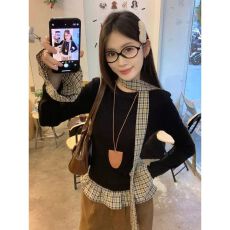 批发官图原版质量美式辣妹假两件格子拼接<b class='q'>长袖</b><b class='q'>t</b><b class='q'>恤</b>