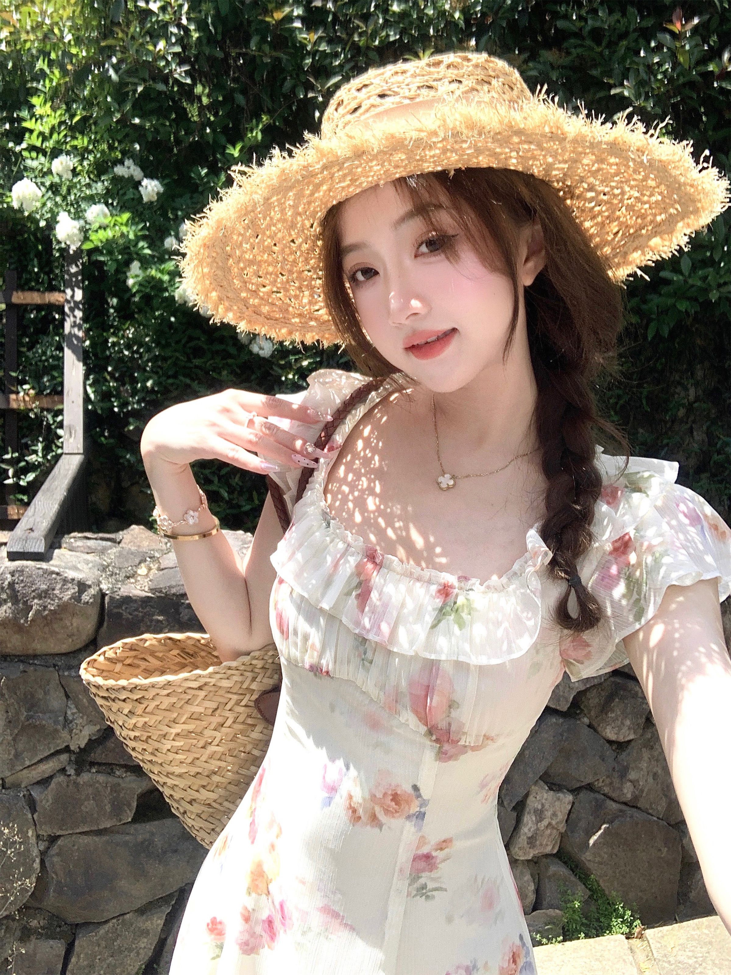 꽃 계곡 푸 로라 프랑스식 낭만주의 꽃무늬 여성 드레스 여름 고유 한 아름다운 꼬집기 허리 아름다운 롱 스커트 여름