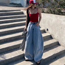 批发现 夏女士新款ins博主高腰显瘦阔<b class='q'>腿</b>宽松牛仔<b class='q'>裤</b>长<b class='q'>裤</b>