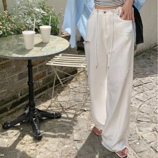 现 破洞高腰宽松大直筒白色牛仔裤女长裤夏