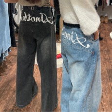 批发<b class='q'>PP</b>字母两色复古高腰微喇<b class='q'>大</b>长腿休闲牛仔<b class='q'>裤</b>