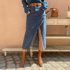 批发毛边开叉性感包臀高腰拼接<b class='q'>牛仔</b>半身裙