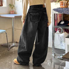 批发毛边边设计小钉珠黑色秋冬季牛仔裤