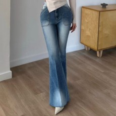 批发26春新款 丰胯裤韩版复古立体口袋水洗蓝小脚裤显瘦牛仔裤