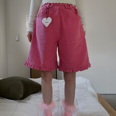 批发26春新款 木耳花边粉色灯芯绒中裤