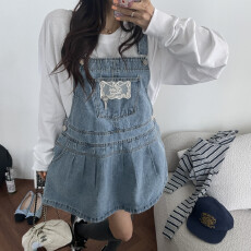 批发26春新款甜妹蕾丝风日系<b class='q'>可爱</b>百搭减龄水洗浅蓝色牛仔背带裙连衣裙