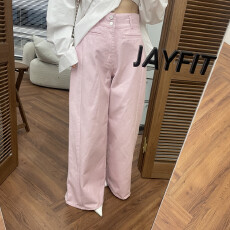 批发粉色高腰两粒扣插袋款阔<b class='q'>腿</b>显瘦牛仔<b class='q'>裤</b>长<b class='q'>裤</b>