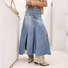 批发高腰拼接开叉毛边浅色水洗牛仔半身裙