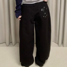 批发现 潮酷皮标贴口袋黑色宽松萝卜裤哈伦<b class='q'>牛仔</b>裤