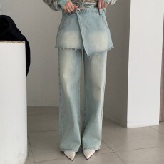 浅蓝色毛边腰封设计可拆卸春夏清爽牛仔两件套