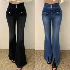 百搭三排扣压线微喇牛仔裤