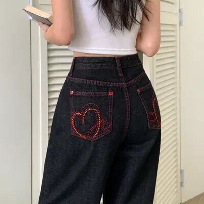 지금 레트로 주머니 심장 종류 자수 스트레이트 데님 긴 바지