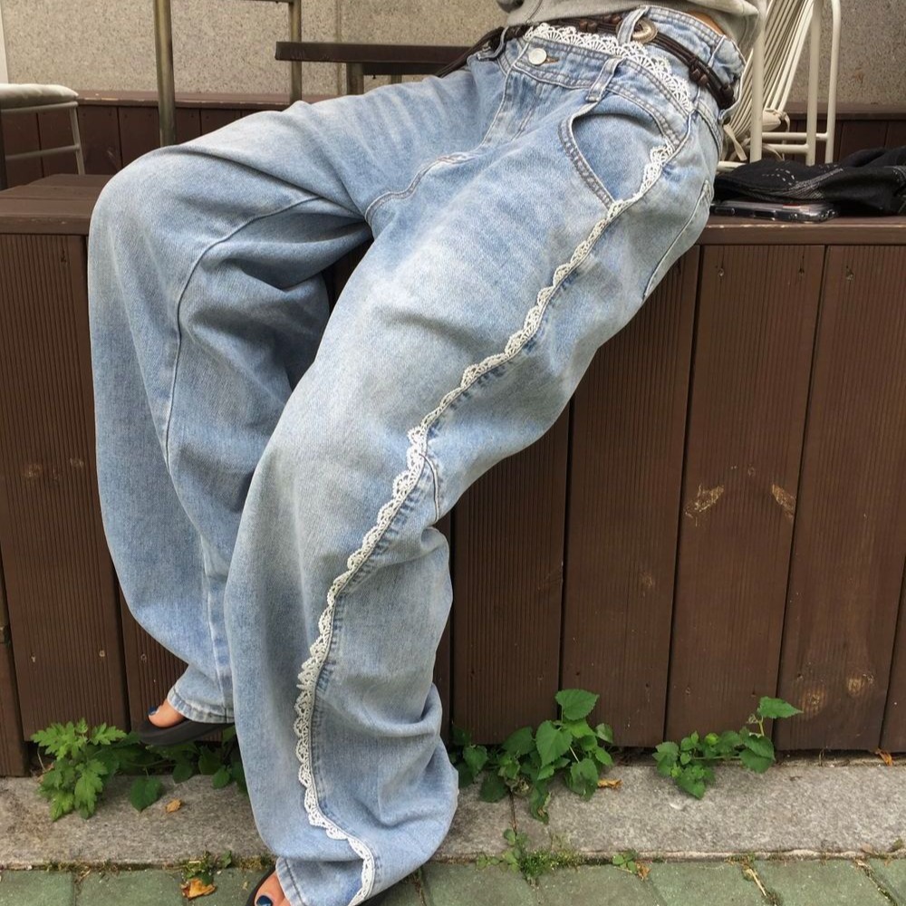 레이스 조각 스트레이트 데님 긴 바지