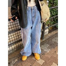 批发现 竖条纹可调节腰围宽松牛仔裤