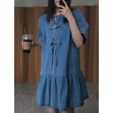 批发26春 洋气系结两面穿百搭短袖<b class='q'>牛仔</b><b class='q'>连衣裙</b>