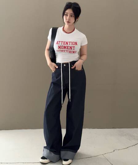 26 봄 새로운 레트로 레이스업 루즈핏 볼륨 측면 청바지