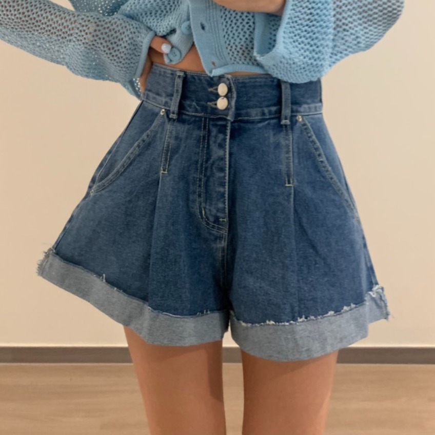 26 초여름 새로운 워싱 하이웨이스트 핀치 Pleat 넓은 다리 볼륨 측면 거친 가장자리 데님 반바지