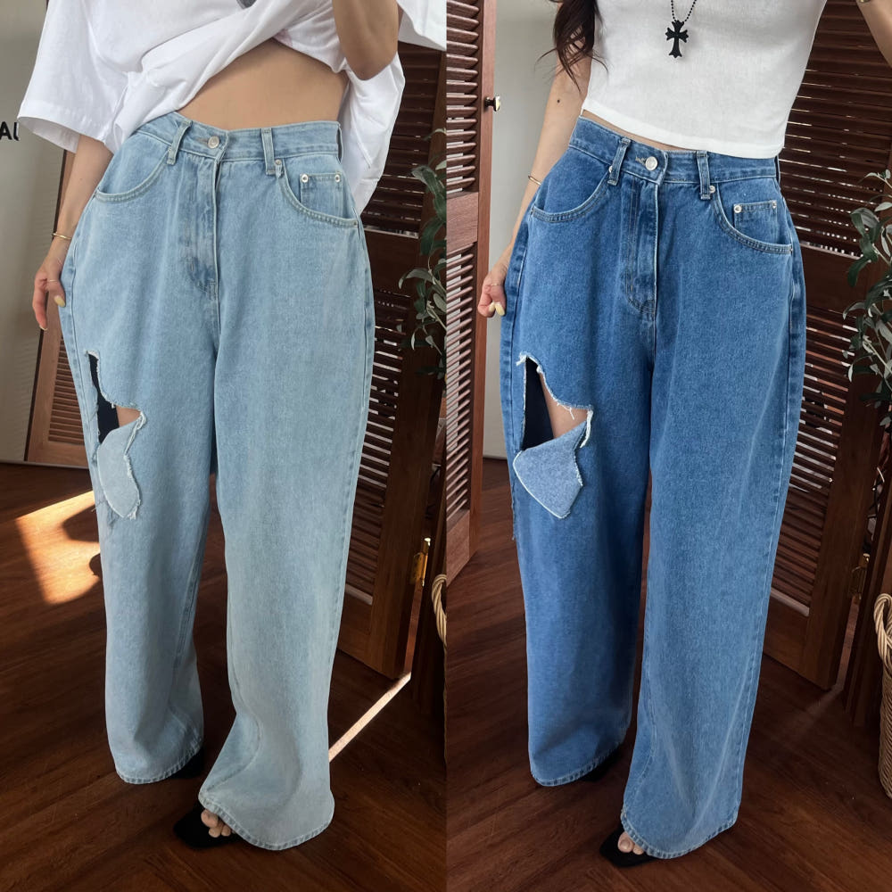 여름 새로운 부서 버클 찢어진 부분 스트레이트 루즈핏 청바지