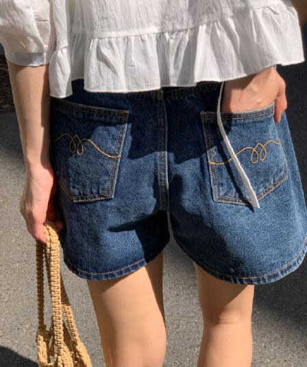 봄 여름 섹션 레트로 다용도 이후 주머니 자수 한 마디 데님 반바지
