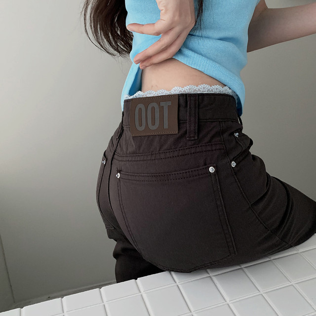 레이스 측면 연결 싸움 허리 구두 루즈핏 검정색 슬림해 보이는 로우 웨이스트 캐주얼 바지