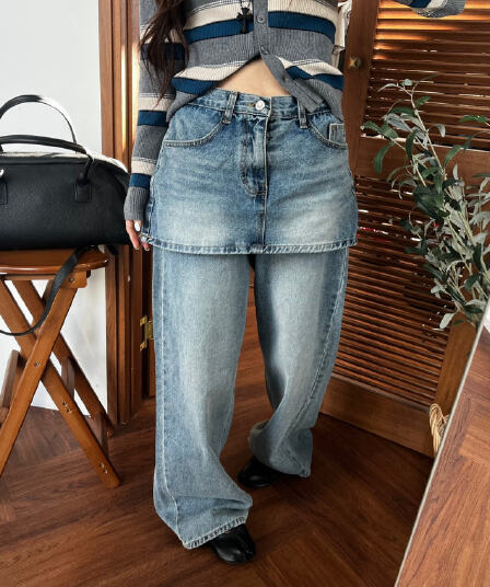 치마 커튼 페이크 레이어드 워싱 레트로 스트레이트 데님 긴 바지