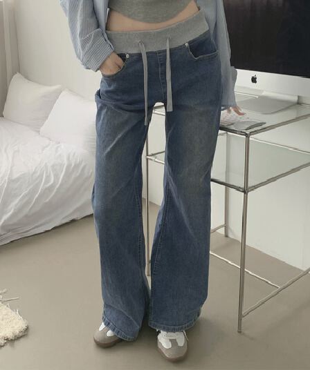 리브 허리 레이스업 슬림해 보이는 얕은 깊이 둘 색상 워싱 몸매 가꾸기 데님 긴 바지