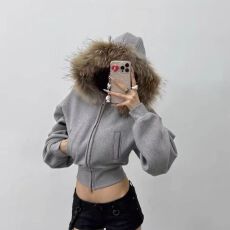 批发美式高街黑色显瘦可拆卸毛领连帽长袖卫衣女收腰原宿风开衫上衣