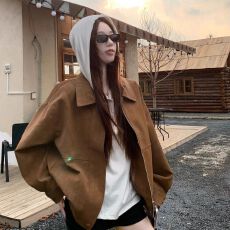批发美拉德复古仿麂皮绒长袖外套女2025秋季新款宽松翻领休闲机车夹克